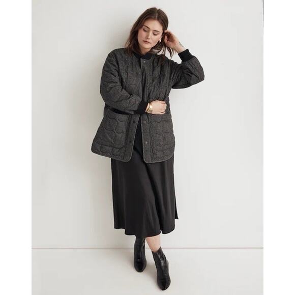 Madewell Quilted Oversized Bomber Jacket Medium Charcoal Wool Herringbone Snap - Picture 1 of 7